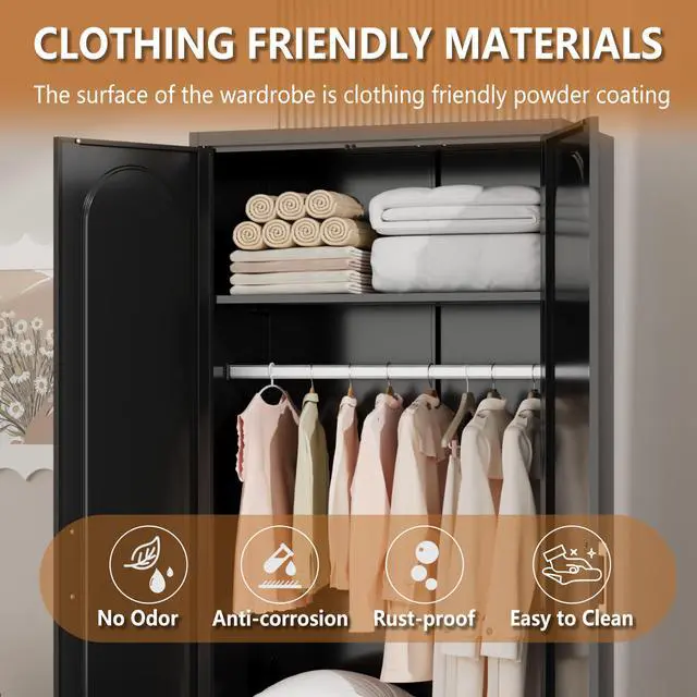 Alt view image 6 of 7 - Polup Metal Armoire Wardrobe Closet with Drawer, 71 Tall Freestanding Wardrobe Cabinet with Doors and Shelves, Large Armoire with Hanging Rod, Clothes Cabinets for Bedroom, Black, Assembly Required