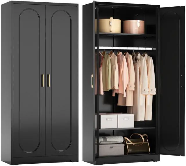 Main image of Polup Metal Armoire Wardrobe Closet with Hanging Rod, 71" Tall Wardrobe Cabinet for Clothes, Black Clothing Storage Cabinet with Doors and Shelves, Large Wardrobe for Bedroom-Assemble Required