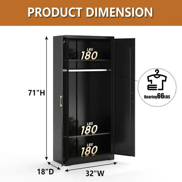 Alt view image 3 of 7 - Polup Metal Armoire Wardrobe Closet with Hanging Rod, 71" Tall Wardrobe Cabinet for Clothes, Black Clothing Storage Cabinet with Doors and Shelves, Large Wardrobe for Bedroom-Assemble Required