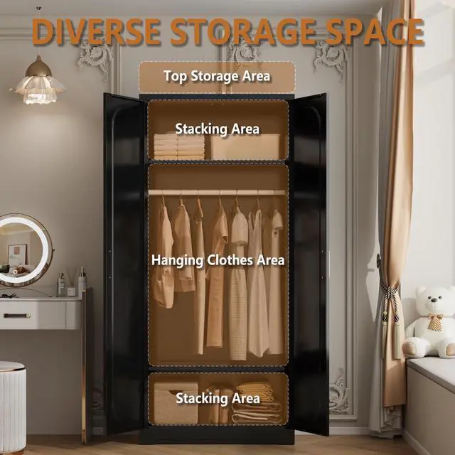 Alt view image 4 of 7 - Polup Metal Armoire Wardrobe Closet with Hanging Rod, 71" Tall Wardrobe Cabinet for Clothes, Black Clothing Storage Cabinet with Doors and Shelves, Large Wardrobe for Bedroom-Assemble Required