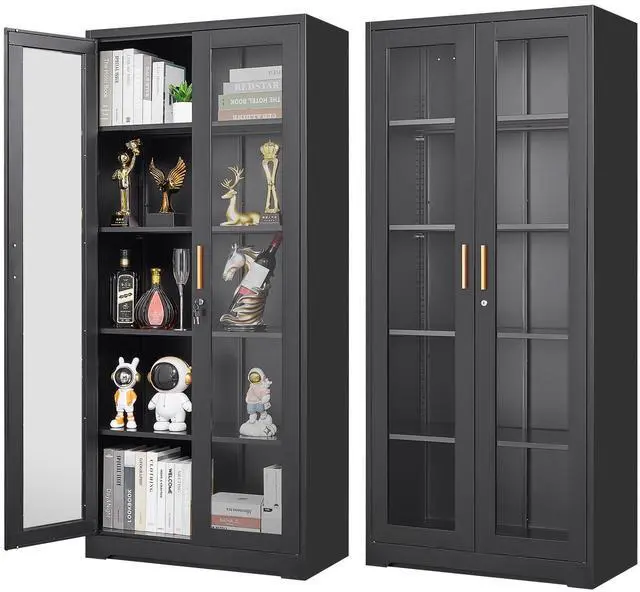 Main image of POLUP Display Cabinet with Glass Doors, Black Curio Cabinet with Lock, 71 Tall Display Case for Living Room, Bookcase for Home, Clinic, School (Black)- Assemble Required