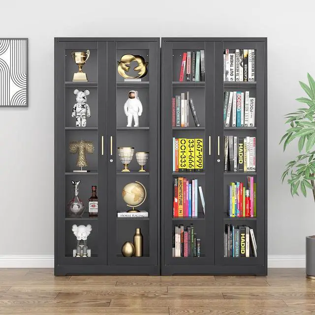 Alt view image 2 of 7 - POLUP Display Cabinet with Glass Doors, Black Curio Cabinet with Lock, 71 Tall Display Case for Living Room, Bookcase for Home, Clinic, School (Black)- Assemble Required