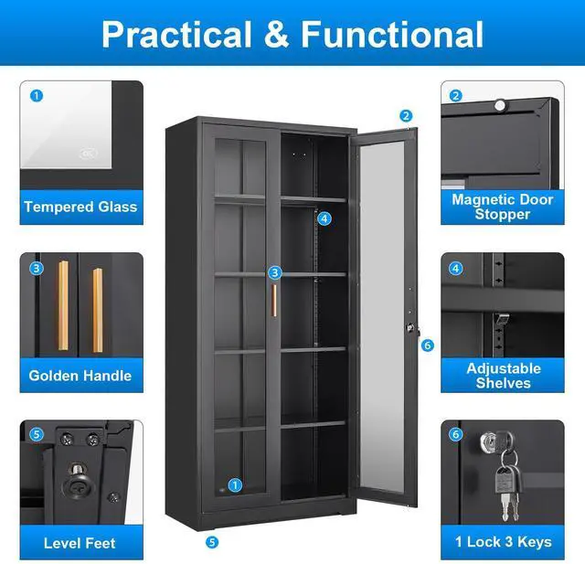 Alt view image 5 of 7 - POLUP Display Cabinet with Glass Doors, Black Curio Cabinet with Lock, 71 Tall Display Case for Living Room, Bookcase for Home, Clinic, School (Black)- Assemble Required