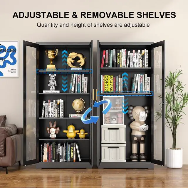 Alt view image 7 of 7 - POLUP Display Cabinet with Glass Doors, Black Curio Cabinet with Lock, 71 Tall Display Case for Living Room, Bookcase for Home, Clinic, School (Black)- Assemble Required