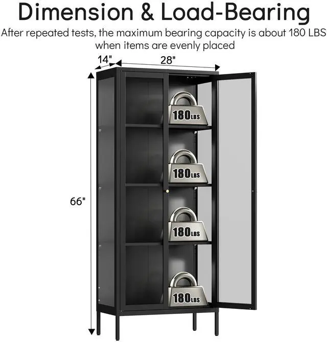 Alt view image 3 of 7 - Polup Display Cabinet with 3 SideTempered Glass, 66" Tall Curio Cabinet with Doors, Metal Display Case for Collectibles, Figures, Trophy, Black Storage Cabinets for Living Room -  Assemble Required