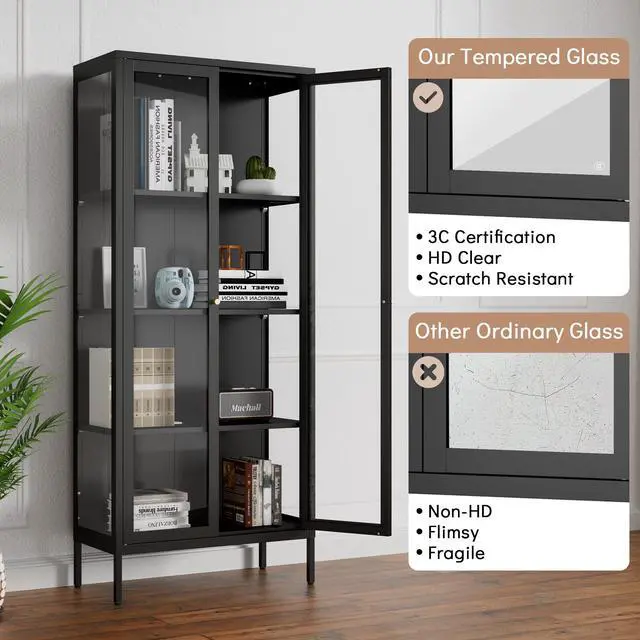 Alt view image 4 of 7 - Polup Display Cabinet with 3 SideTempered Glass, 66" Tall Curio Cabinet with Doors, Metal Display Case for Collectibles, Figures, Trophy, Black Storage Cabinets for Living Room -  Assemble Required