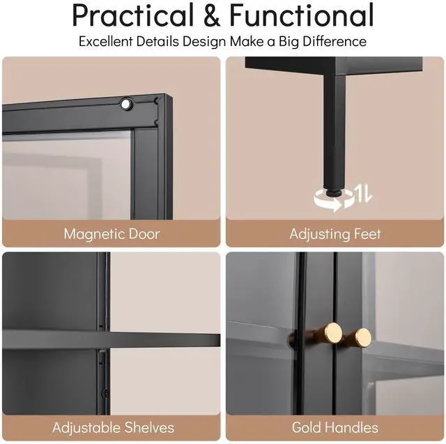 Alt view image 6 of 7 - Polup Display Cabinet with 3 SideTempered Glass, 66" Tall Curio Cabinet with Doors, Metal Display Case for Collectibles, Figures, Trophy, Black Storage Cabinets for Living Room -  Assemble Required
