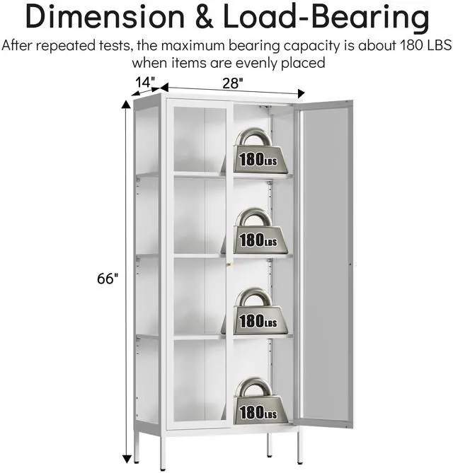 Alt view image 3 of 7 - Polup Glass Display Cabinet with Doors and Shelves, White Curio Cabinet with 3 Side Tempered Glass, 66 Inch Tall Display Case for Collectibles, Metal Storage Cabinet for Living Room, Assemble Required