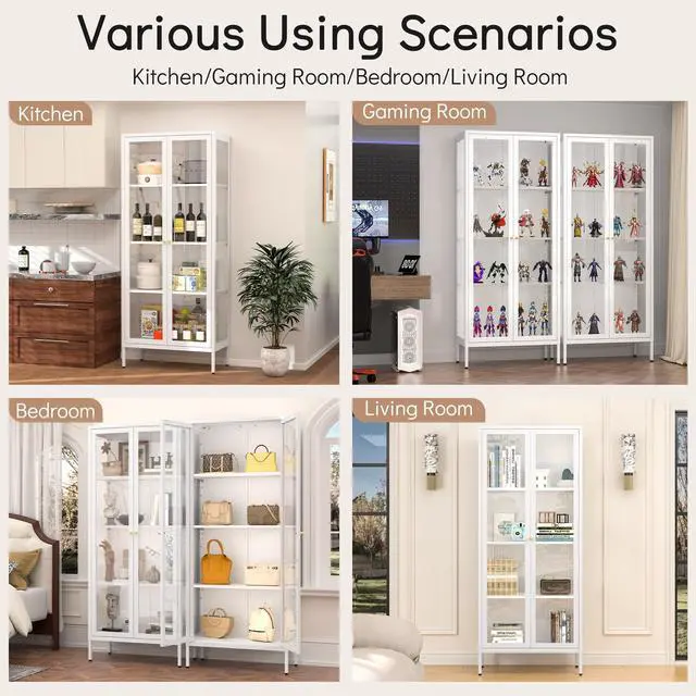 Alt view image 4 of 7 - Polup Glass Display Cabinet with Doors and Shelves, White Curio Cabinet with 3 Side Tempered Glass, 66 Inch Tall Display Case for Collectibles, Metal Storage Cabinet for Living Room, Assemble Required