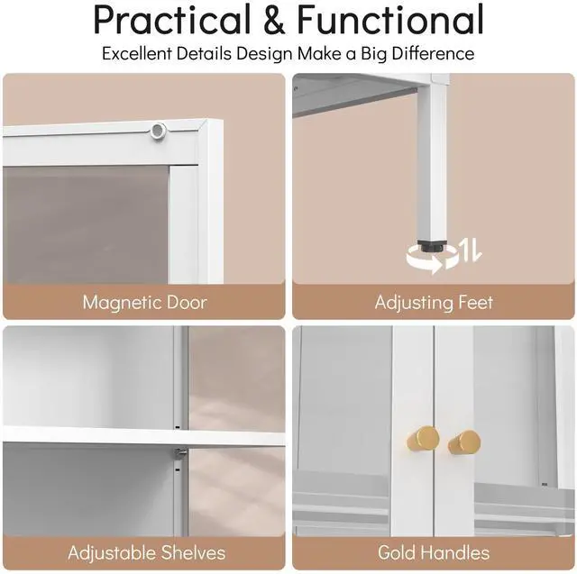Alt view image 5 of 7 - Polup Glass Display Cabinet with Doors and Shelves, White Curio Cabinet with 3 Side Tempered Glass, 66 Inch Tall Display Case for Collectibles, Metal Storage Cabinet for Living Room, Assemble Required