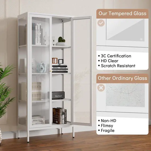 Alt view image 6 of 7 - Polup Glass Display Cabinet with Doors and Shelves, White Curio Cabinet with 3 Side Tempered Glass, 66 Inch Tall Display Case for Collectibles, Metal Storage Cabinet for Living Room, Assemble Required