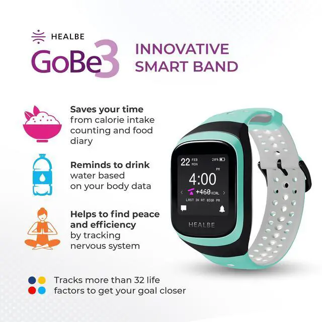 Alt view image 2 of 7 - HEALBE GoBe3 Smart Band  Auto Track Calorie Intake & Burn, Hydration, Heart Rate, Sleep, Neuroactivity, Stress, Steps & Activity, 24/7 Customer Care, Free App, Aquamarine