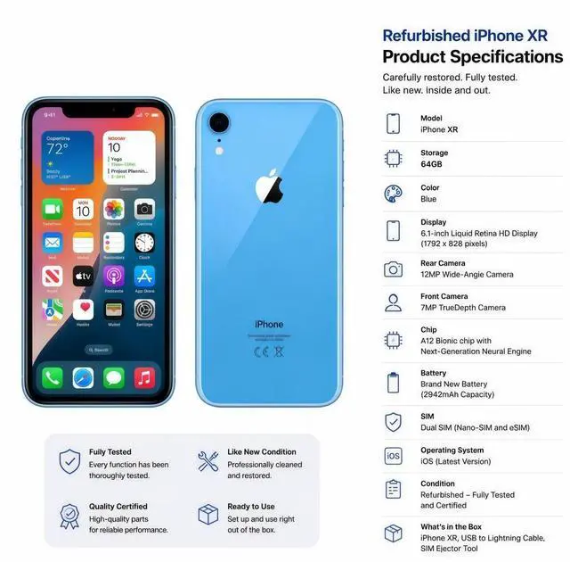 Alt view image 7 of 7 - Apple iPhone XR 64GB Blue Refurbished Unlocked Phone, 6.1-inch Display, A12 Bionic Processor, Face ID, iOS Smartphone