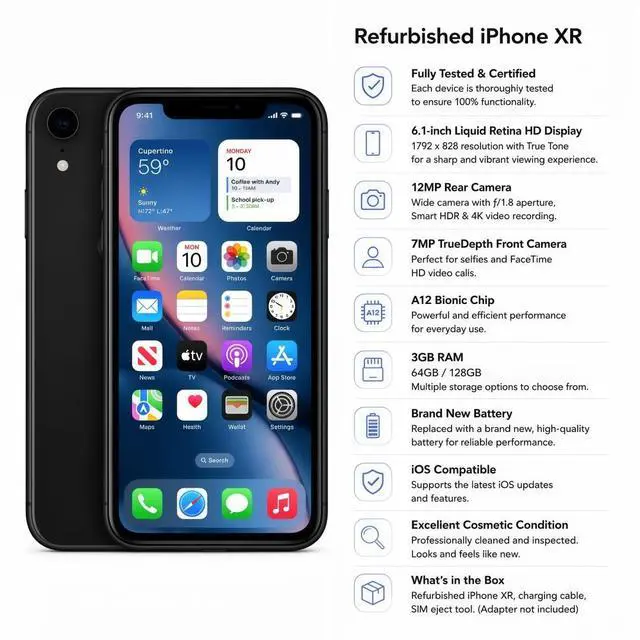 Alt view image 7 of 7 - Refurbished Apple iPhone XR 64GB Black Unlocked Smartphone, 6.1" Liquid Retina Display, A12 Bionic Chip, Face ID