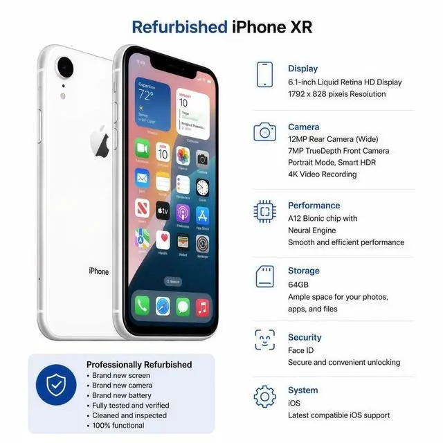 Alt view image 7 of 7 - Refurbished Apple iPhone XR 64GB White Unlocked Smartphone, 6.1" Liquid Retina Display, A12 Bionic Chip, Face ID