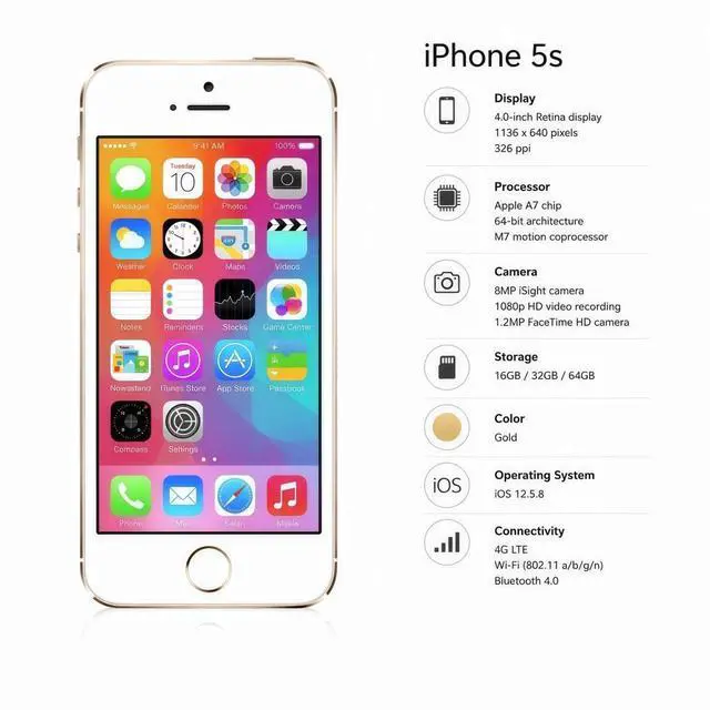 Alt view image 7 of 7 - Refurbished Apple iPhone 5s 32GB Gold Unlocked Smartphone, 4.0" LCD Retina Display, A7 Chip