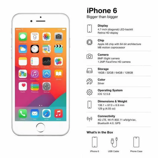 Alt view image 7 of 7 - Refurbished Apple iPhone 6 16GB Silver Unlocked Smartphone, 4.7" LCD Retina Display, A8 Chip