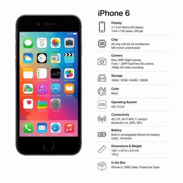 Alt view image 7 of 7 - Refurbished Apple iPhone 6 64GB Space Gray Unlocked Smartphone, 4.7" Retina HD Display, A8 Chip, iOS Cell Phone