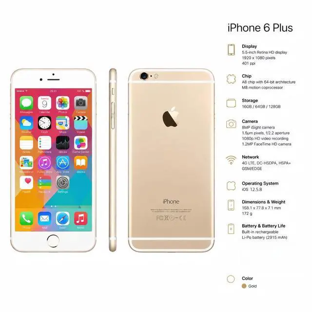 Alt view image 7 of 7 - Refurbished Apple iPhone 6 Plus 16GB Gold Unlocked Smartphone, 5.5" Retina HD Display, A8 Chip, iOS Cell Phone