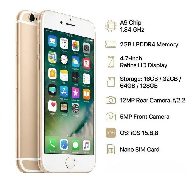 Alt view image 7 of 7 - Refurbished Apple iPhone 6s 16GB Gold Unlocked Smartphone, 4.7" Retina HD Display, A9 Chip, iOS Cell Phone