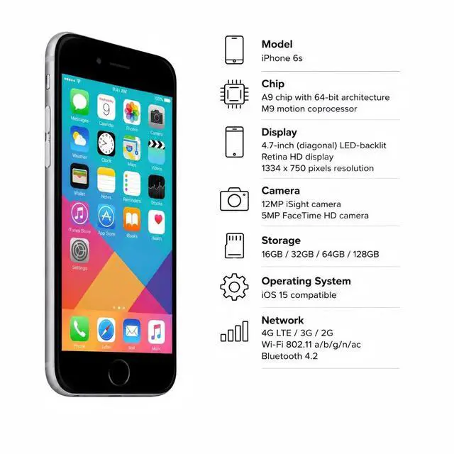 Alt view image 7 of 7 - Refurbished Apple iPhone 6s 64GB Space Gray Unlocked Smartphone, 4.7" Retina HD Display, A9 Chip, iOS Cell Phone