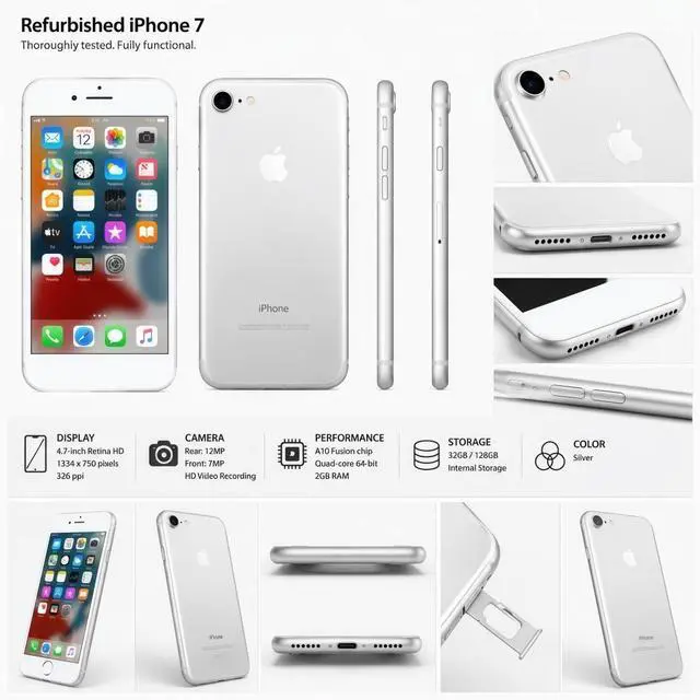 Alt view image 7 of 7 - Refurbished Apple iPhone 7 128GB Silver Unlocked Smartphone, 4.7" Retina HD Display, A10 Fusion Chip, iOS Cell Phone