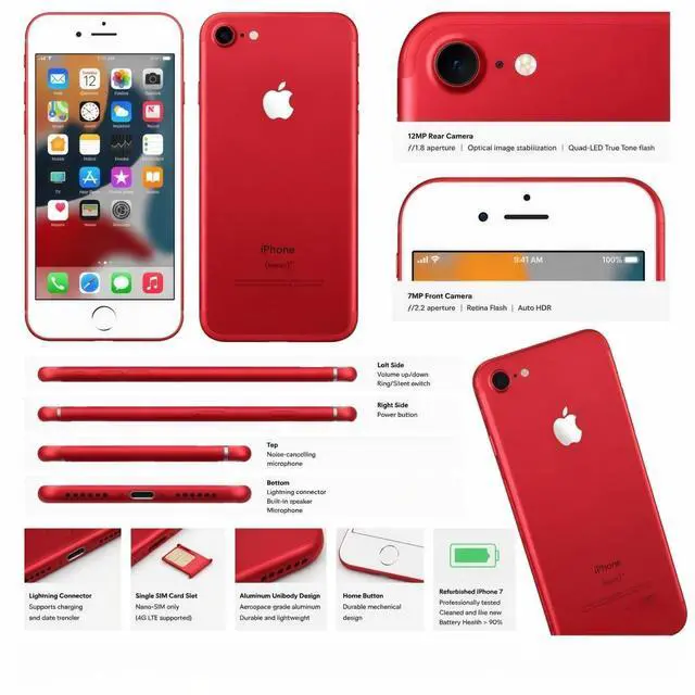 Alt view image 7 of 7 - Refurbished Apple iPhone 7 32GB Red Unlocked Smartphone, 4.7" Retina HD Display, A10 Fusion Chip, iOS Cell Phone