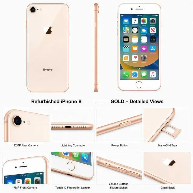 Alt view image 5 of 5 - Refurbished Apple iPhone 8 64GB Gold Unlocked Smartphone, 4.7" Retina HD Display, A11 Bionic Chip, iOS Cell Phone