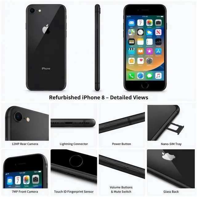 Alt view image 5 of 5 - Refurbished Apple iPhone 8 256GB Space Gray Unlocked Smartphone, 4.7" Retina HD Display, A11 Bionic Chip, iOS Cell Phone