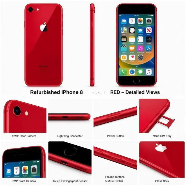 Alt view image 5 of 5 - Refurbished Apple iPhone 8 64GB Red Unlocked Smartphone, 4.7" Retina HD Display, A11 Bionic Chip, iOS Cell Phone