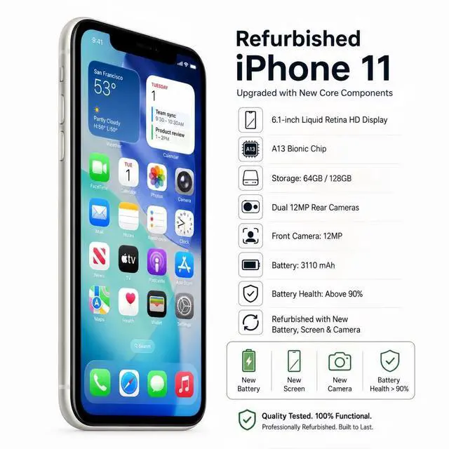 Alt view image 7 of 7 - Refurbished Apple iPhone 11 64GB White Unlocked Smartphone, 6.1-inch Liquid Retina HD Display, A13 Bionic Chip