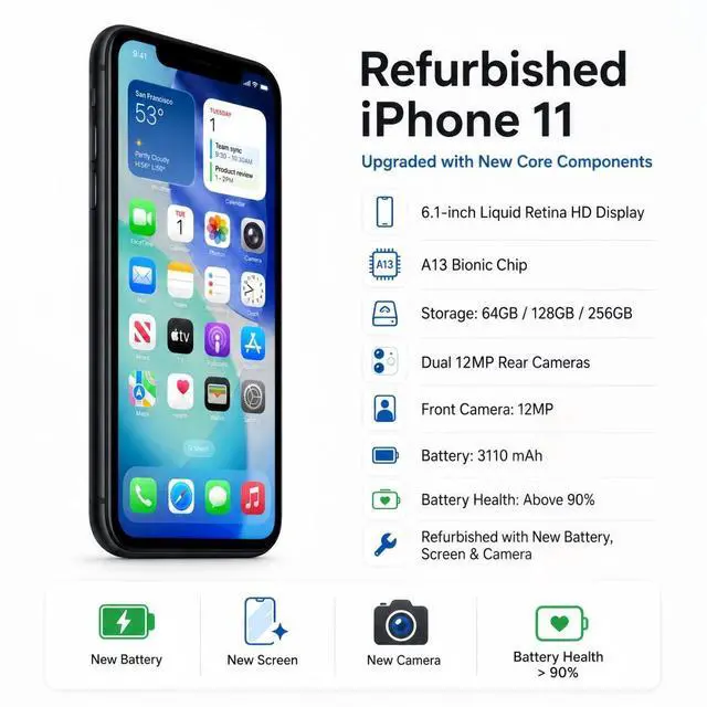 Alt view image 7 of 7 - Refurbished Apple iPhone 11 64GB Black Unlocked Smartphone, 6.1-inch Liquid Retina HD Display, A13 Bionic Chip