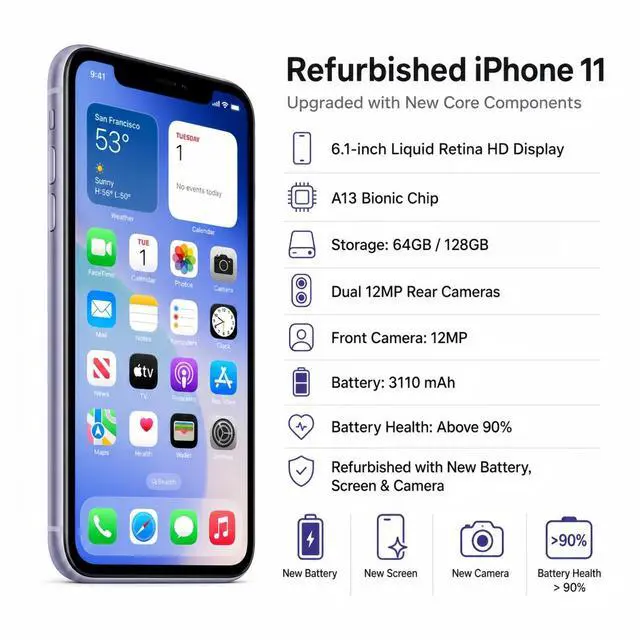 Alt view image 7 of 7 - Refurbished Apple iPhone 11 64GB Purple Unlocked Smartphone, 6.1-inch Liquid Retina HD Display, A13 Bionic Chip