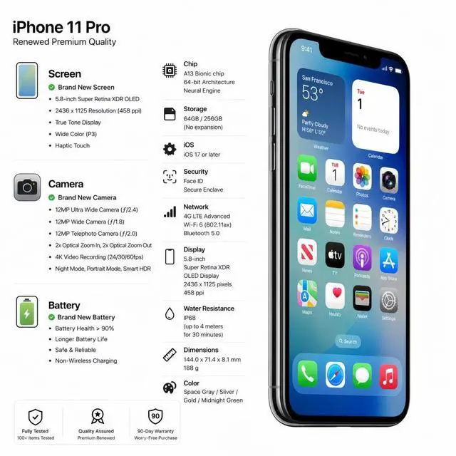 Alt view image 7 of 7 - Apple iPhone 11 Pro Unlocked Smartphone 64GB Silver 5.8 Inch Display A13 Bionic Chip 12MP Triple Camera No Contract Single Unit