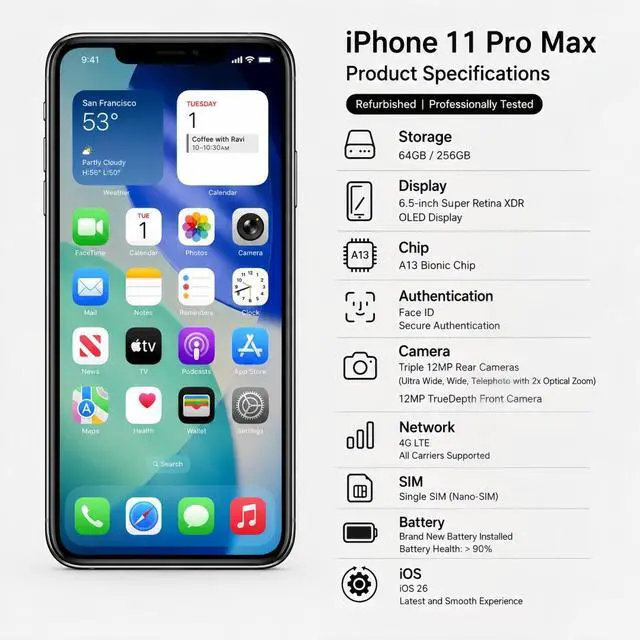 Alt view image 7 of 7 - Apple iPhone 11 Pro Max Unlocked Smartphone 256GB Silver 6.5 Inch Display A13 Bionic Chip 12MP Triple Camera No Contract Single Unit