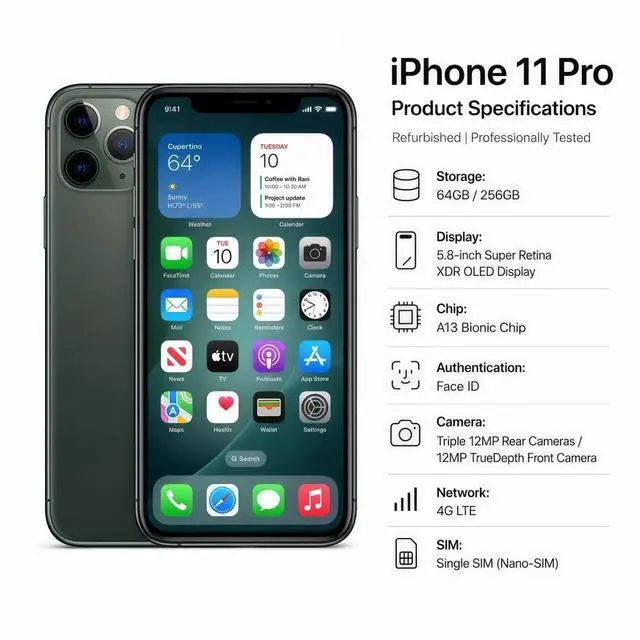 Alt view image 7 of 7 - Apple iPhone 11 Pro Unlocked Smartphone 256GB Midnight Green 5.8 Inch Display A13 Bionic Chip 12MP Triple Camera No Contract Single Unit