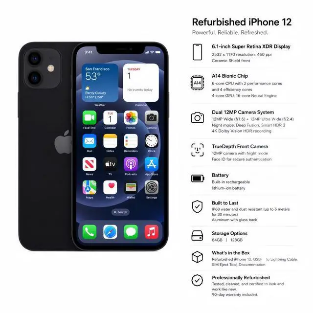 Alt view image 6 of 6 - Apple iPhone 12 Unlocked Smartphone 128GB Black 6.1 Inch Display A14 Bionic Chip 12MP Dual Camera No Contract Single Unit