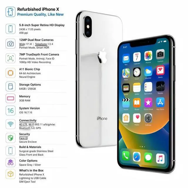 Alt view image 6 of 6 - Refurbished Apple iPhone X 64GB Silver Unlocked Smartphone, 5.8" Super Retina OLED Display, A11 Bionic Chip, Face ID, iOS Cell Phone