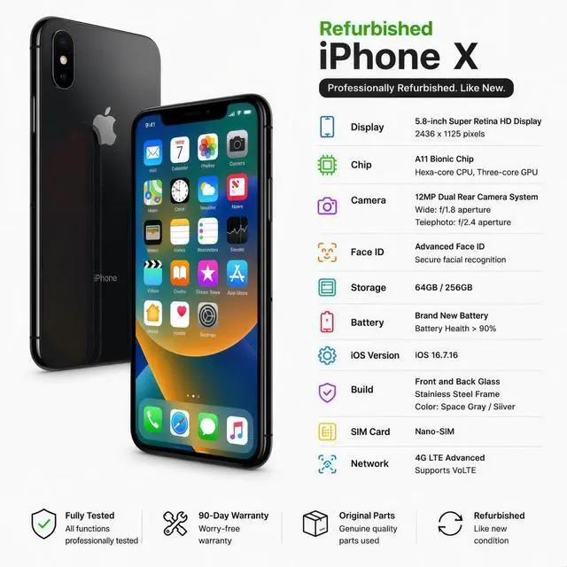 Alt view image 7 of 7 - Refurbished Apple iPhone X 64GB Space Gray Unlocked Smartphone, 5.8" Super Retina OLED Display, A11 Bionic Chip, Face ID, iOS Cell Phone