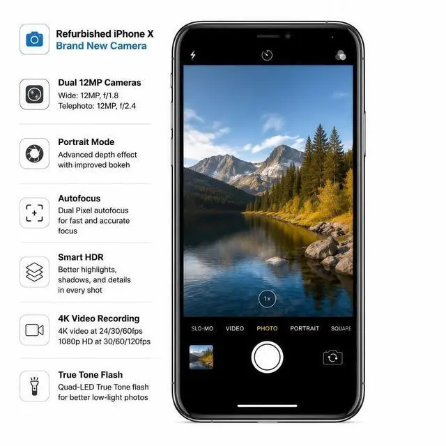 Alt view image 6 of 7 - Refurbished Apple iPhone X 256GB Silver Unlocked Smartphone, 5.8" Super Retina OLED Display, A11 Bionic Chip, Face ID, iOS Cell Phone