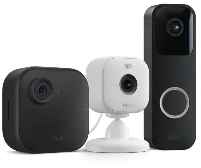 Main image of Blink Whole Home Bundle  Outdoor 4 camera, Mini 2 camera (white), Video Doorbell system (black) | HD video, motion detection, Works with Alexa