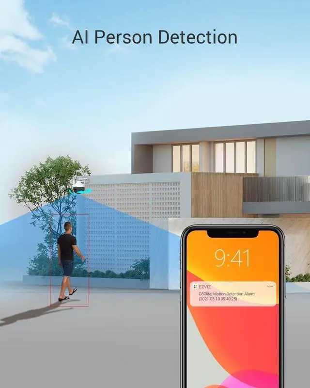 Alt view image 4 of 7 - EZVIZ 360° Security Camera Outdoor, WiFi Camera for Home Security, Surveillance Camera, No Subscription with Motion Detection, Color Night Vision, Audio Pick-up, Waterproof, Alexa/Google, 256GB| C8C