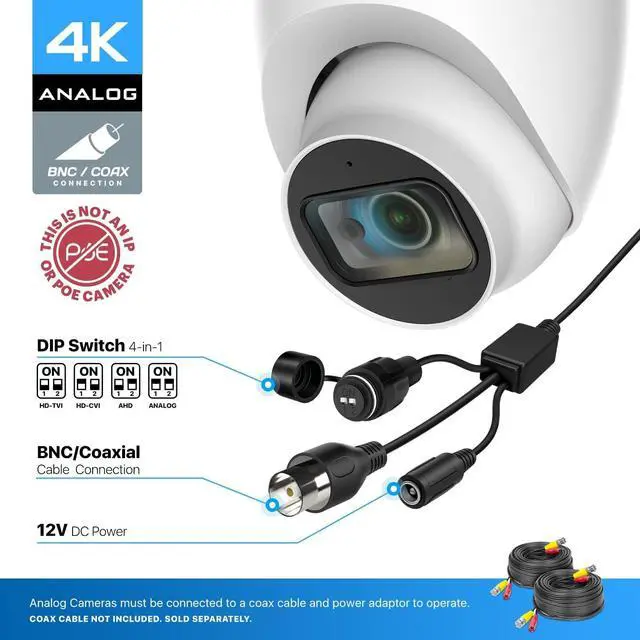 Alt view image 2 of 6 - Amcrest Analog 4K Outdoor Security Camera, Turret 8MP @15fps CCTV-Coax-BNC Camera, 65ft Night Vision, 125° Angle, Built-in Mic, White (AMC4KDM28-W-V3), (Not an IP Camera) DVR Required, Not Included