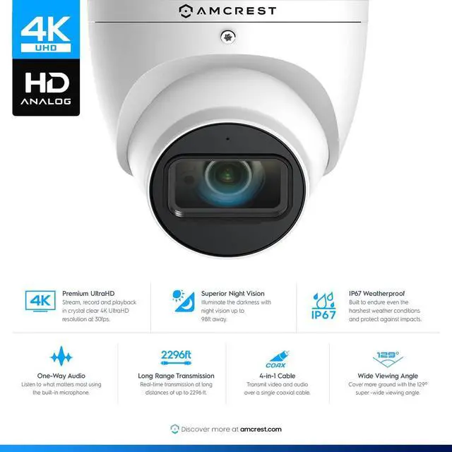 Alt view image 3 of 6 - Amcrest Analog 4K Outdoor Security Camera, Turret 8MP @15fps CCTV-Coax-BNC Camera, 65ft Night Vision, 125° Angle, Built-in Mic, White (AMC4KDM28-W-V3), (Not an IP Camera) DVR Required, Not Included