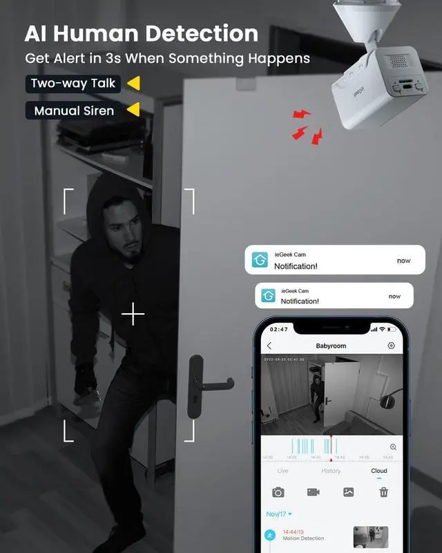 Alt view image 3 of 7 - ieGeek Security Camera Indoor Wireless 1080P Wire-Free Portable Indoor Camera for Home Security with Human Detection,Two-Way Audio, Siren and APP Alert,30ft Clear Night Vision, Cloud/SD