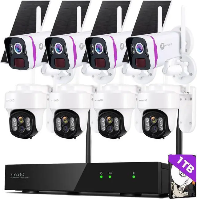 Main image of XMARTO WYS3084-1TB WiFi PTZ Security Camera System 4-Pack + 4pcs BC4-SP Wire-Free Solar Security Cameras Bundle