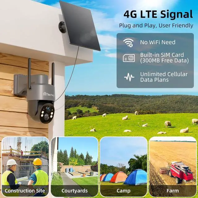 Alt view image 2 of 7 - Techage 4G LTE Cellular Solar Security Camera Wireless Outdoor, 2.5K NO WiFi Security Camera with Color Night Vision, 360° PTZ Live View, PIR Motion Detection, 2 Way Talk, 64GB Card Built-in SIM Card
