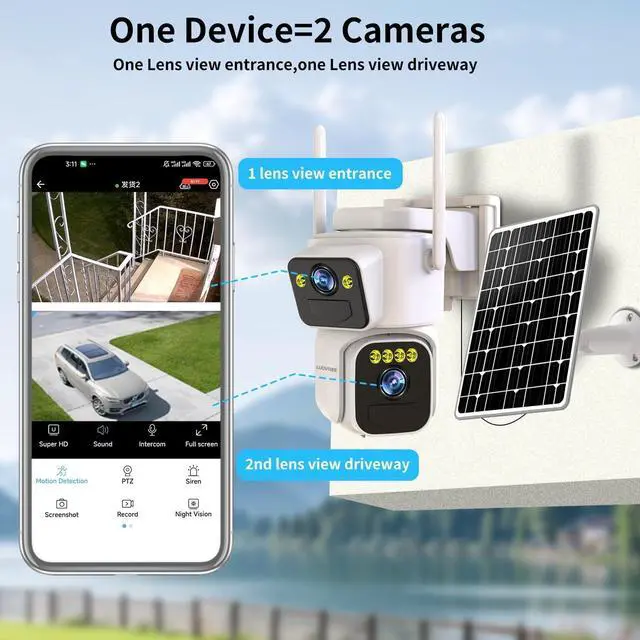 Alt view image 2 of 7 - Solar Security Cameras Outdoor Wireless,2.4G/5G WiFi Cameras for Home Security, Dual Lens PTZ Motion Zone,2-Way Audio,Night Vision,Weatherproof,SD/Cloud Storage