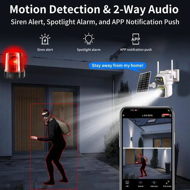 Alt view image 5 of 7 - Solar Security Cameras Outdoor Wireless,2.4G/5G WiFi Cameras for Home Security, Dual Lens PTZ Motion Zone,2-Way Audio,Night Vision,Weatherproof,SD/Cloud Storage
