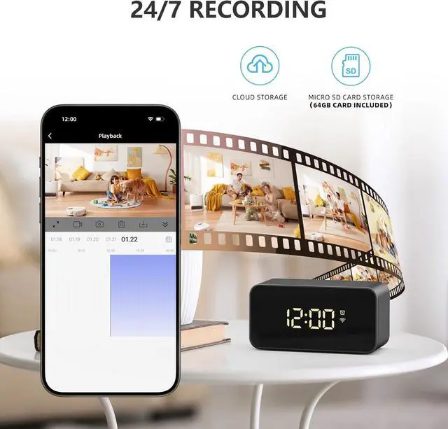 Alt view image 3 of 5 - 2K Wireless Clock Camera with Motion Detection, 2.4G&5G WiFi, Mobile App Control, Home Security, 64GB
